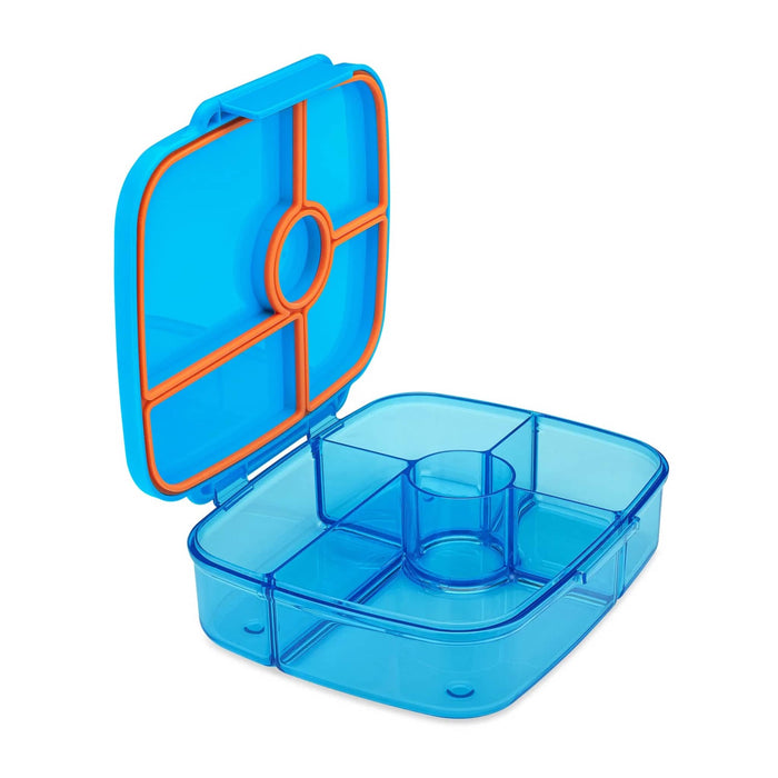 Miami blue plastic leakproof bento box with 5 compartments, lid open, front angle view, on a white background.