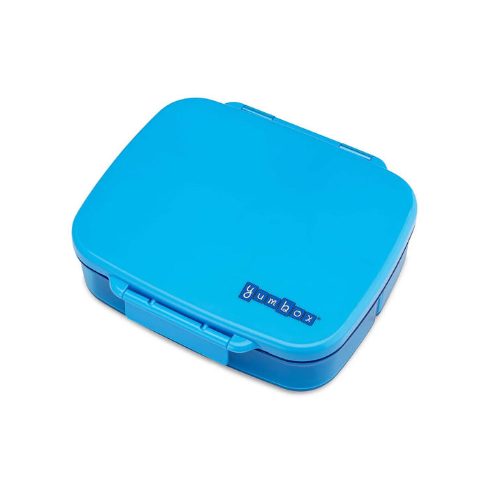 A bright blue plastic leakproof bento box, lid closed, overhead angle view, on a white background.