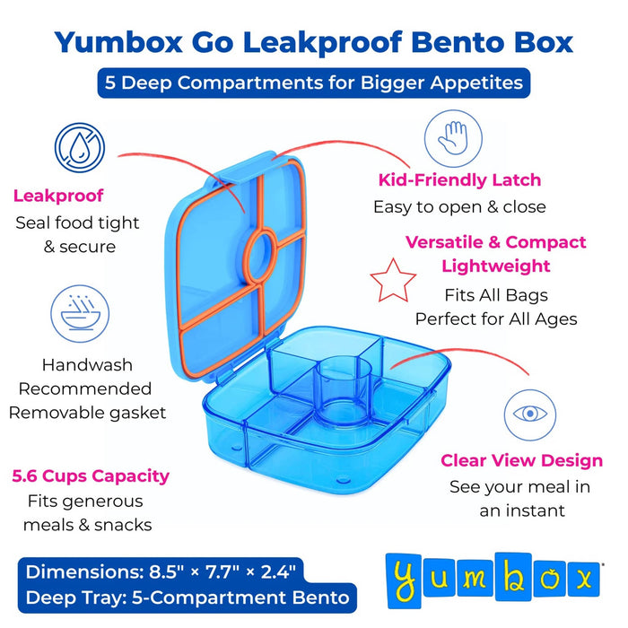 Miami Blue Yumbox Go Leakproof Bento Box with features highlighted on a white background.