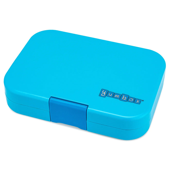 yumbox panino 4 compartment leakproof kids bento box in luna aqua case with zodiac tray, lid closed.