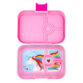 Yumbox Panino 4 compartment leakproof kids bento box in power pink case with magical unicorn illustrated tray, lid open.