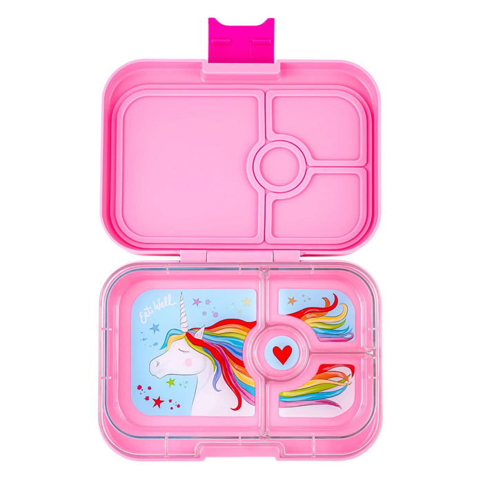 Yumbox Panino 4 compartment leakproof kids bento box in power pink case with magical unicorn illustrated tray, lid open.