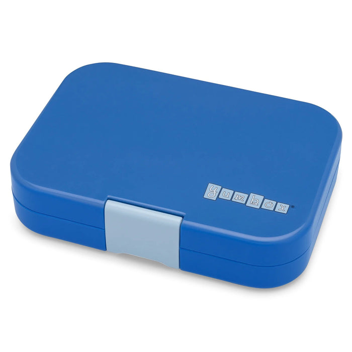 yumbox lunch box in royal blue, lid closed, light blue latch and on top "yumbox" is in white letters in light blue boxes.