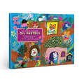Box of oil pastels with colorful illustrations on a white background.
