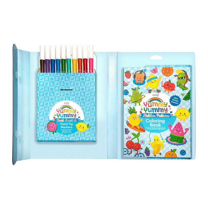 Ooly Yummy Yummy Fruit Scented Coloring Kit in box packaging, open to show inside, on a plain white background.