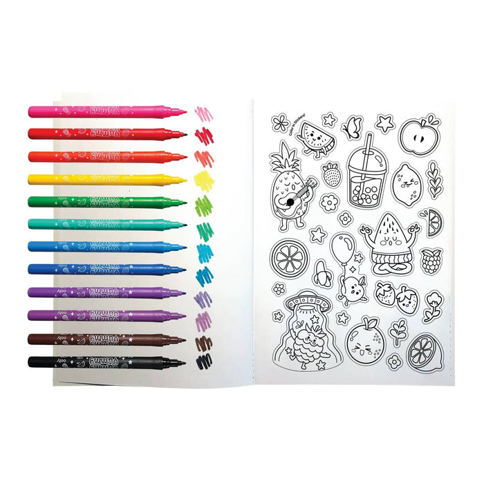 Ooly Yummy Yummy Fruit Scented Coloring Kit, 12 fruit scented markers with swatch and a sheet of stickers to color in,  on a plain white background.