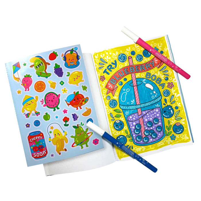 Ooly Yummy Yummy Fruit Scented Coloring Kit, coloring book page colored in with a sheet of stickers, on a plain white background.