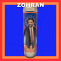 Cylindrical container with a portrait of Mayor Mamdani and 'New York, NY' text on a blue background with red border.