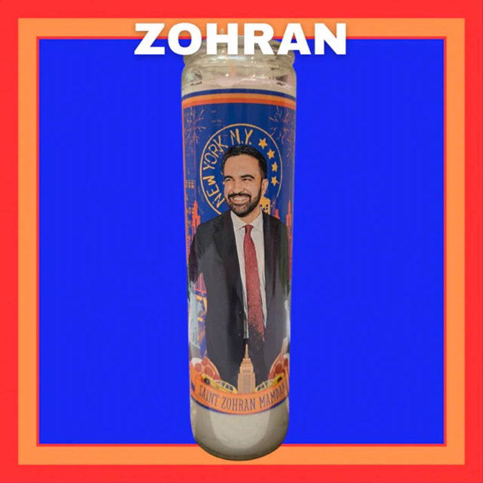 Cylindrical container with a portrait of Mayor Mamdani and 'New York, NY' text on a blue background with red border.