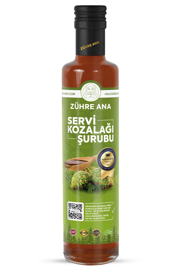 Zuhre Ana Pine Cone Syrup with Cypress Cone and Elderberry is a traditional herbal blend crafted with carefully selected plant extracts.