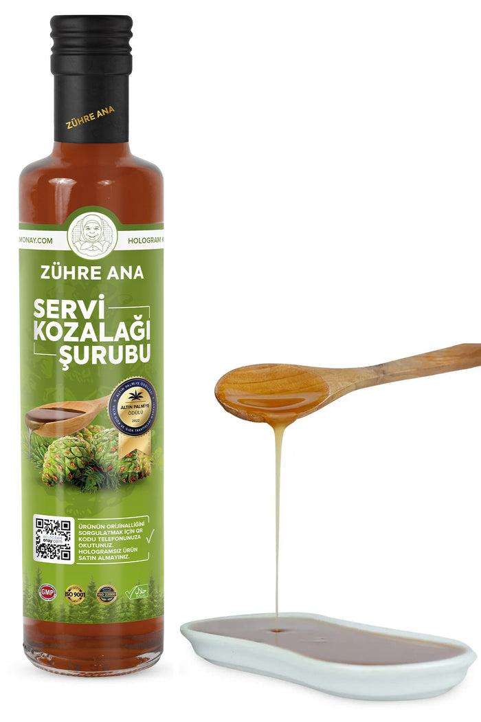 Zuhre Ana Pine Cone Syrup with Cypress Cone and Elderberry is a traditional herbal blend crafted with carefully selected plant extracts.